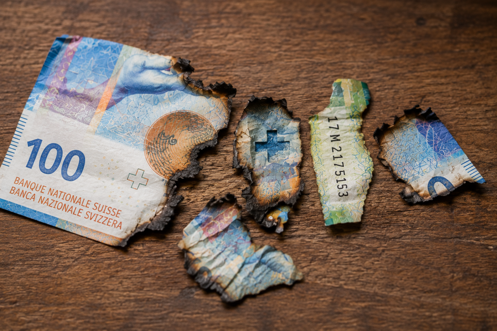 Zerrissene und angebrannte Schweizer Banknote