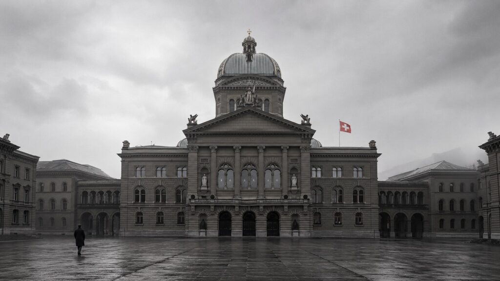Das Bundeshaus in Bern an einem ruhigen, bewölkten Morgen
