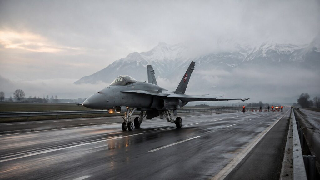 Schweizer Kampfjet auf einer gesperrten Autobahn bei regnerischem Wetter