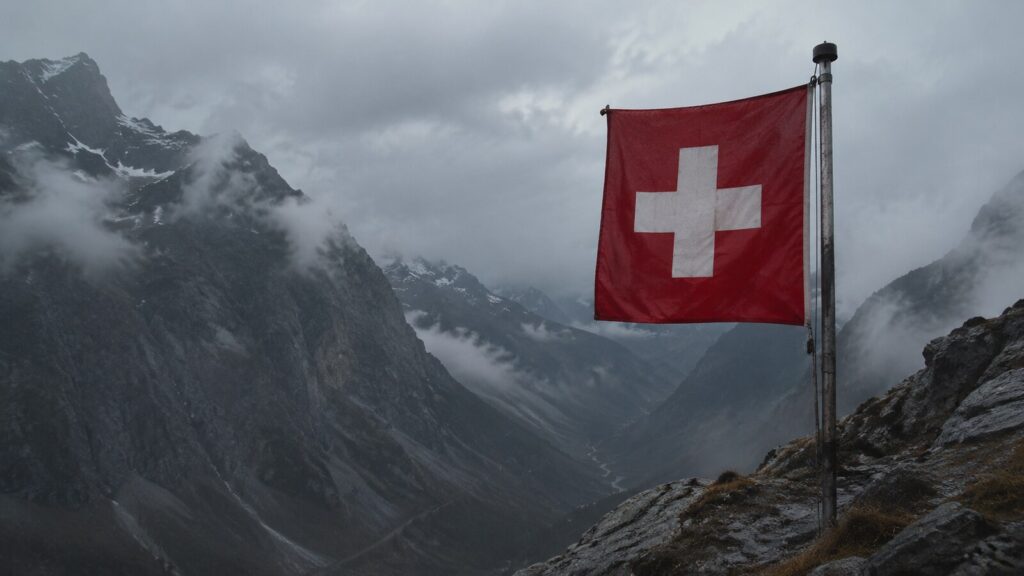 Quadratische Schweizer Fahne vor einer dunklen alpinen Berglandschaft