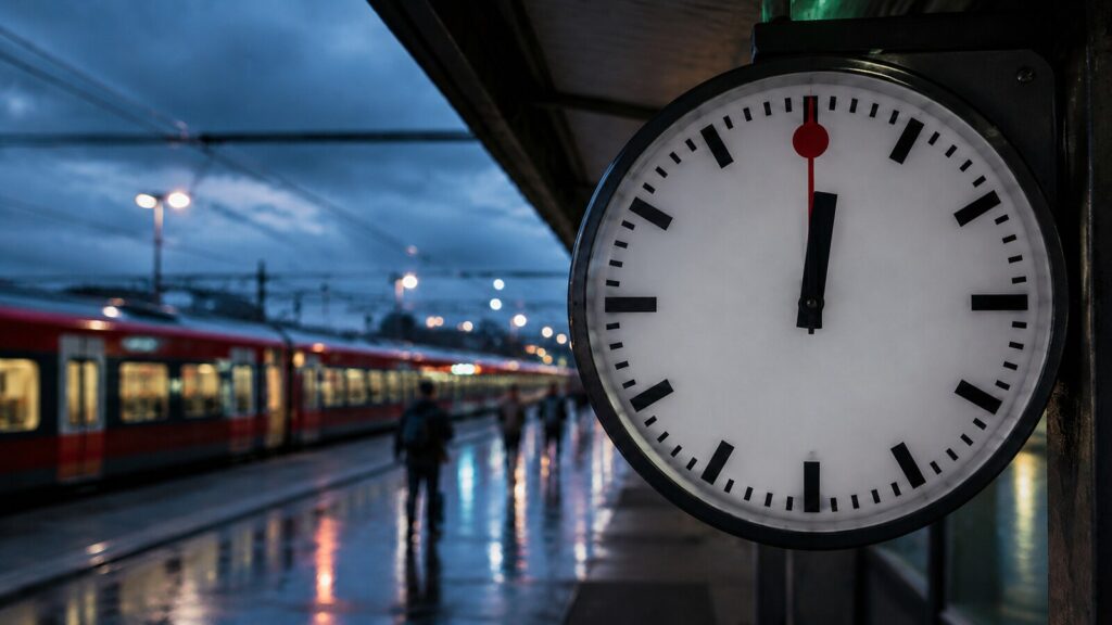 Schweizer Bahnhofsuhr mit rotem Sekundenzeiger kurz vor der vollen Minute
