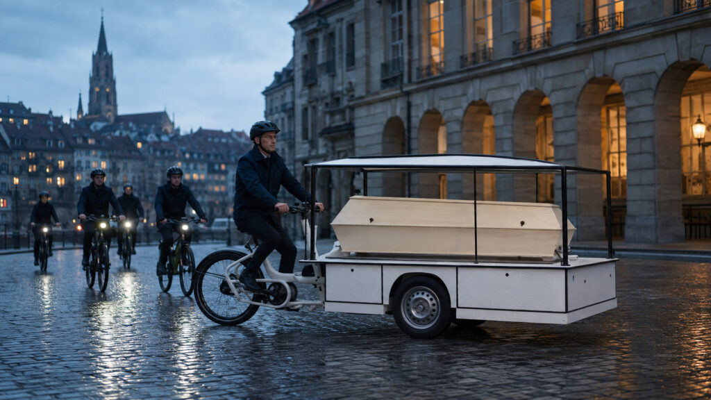 Bestattervelo mit Sarg und begleitetem Trauerzug in der Berner Altstadt