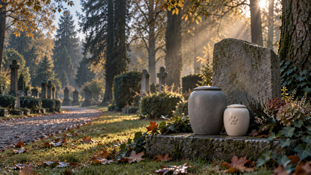 Zwei Urnen für Mensch und Haustier an einer gemeinsamen Grabstätte auf einem Berner Friedhof