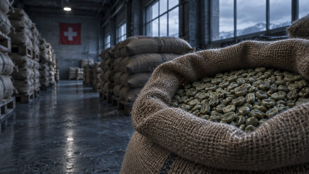 KI-Symbolbild: offener Sack mit grünen, ungerösteten Kaffeebohnen in einer kühl beleuchteten Lagerhalle mit Schweizer Fahne im Hintergrund