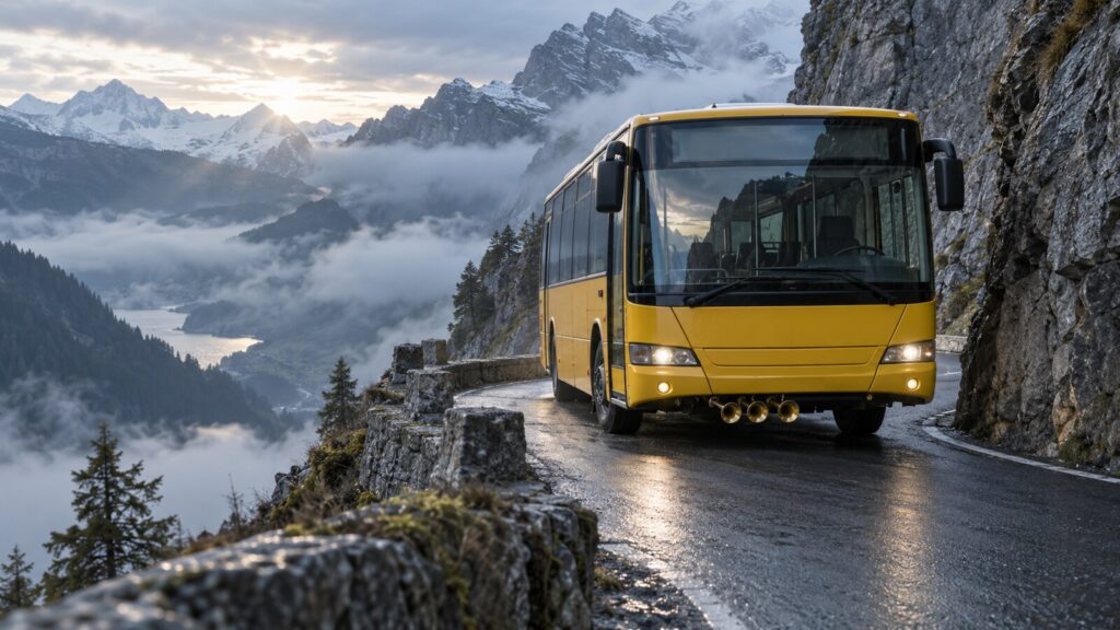 KI-Symbolbild: gelber Bus mit drei Metallhörnern fährt auf einer engen, nebligen Alpenstrasse