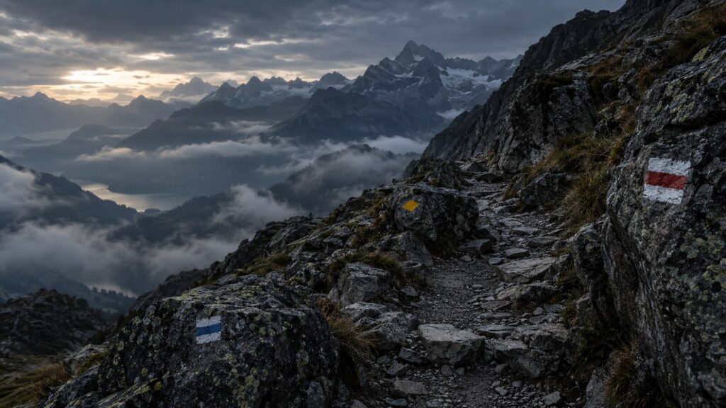 KI-Symbolbild: alpiner Schweizer Wanderweg mit gelber, weiss-rot-weisser und weiss-blau-weisser Markierung auf Felsen