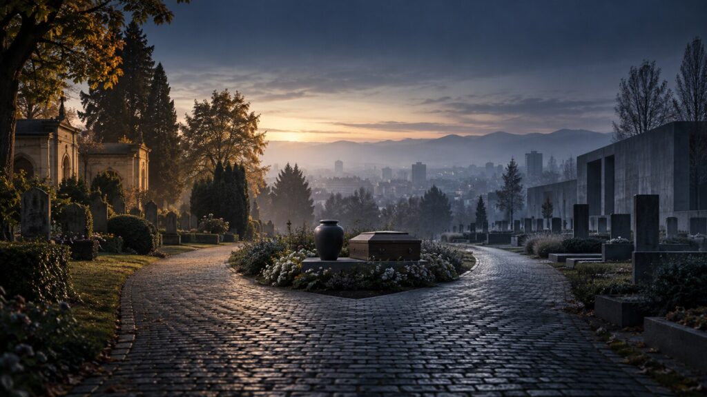 KI-Symbolbild: Ein Friedhofsweg teilt sich zwischen einer warmen historischen und einer kühlen modernen Anlage; in der Mitte stehen eine Urne und ein geschlossener Sarg.