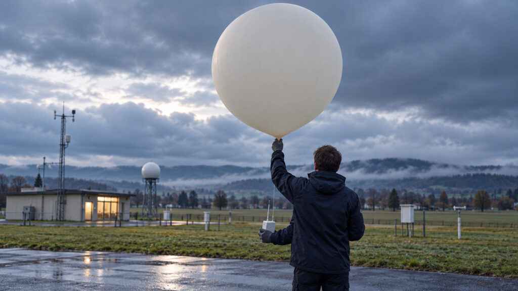 KI-Symbolbild: Eine Person bereitet an einer Wetterstation einen grossen weissen Wetterballon mit einer kleinen Radiosonde für den Start vor.