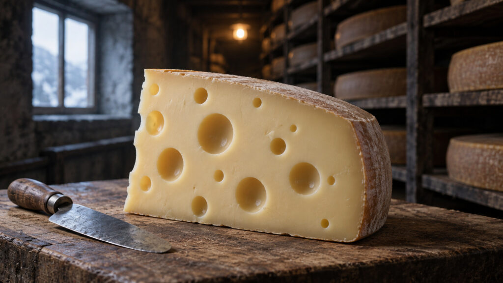KI-Symbolbild: Ein Stück Emmentaler mit grossen runden Löchern liegt auf einem Holzbrett in einem stimmungsvoll beleuchteten Käsekeller.
