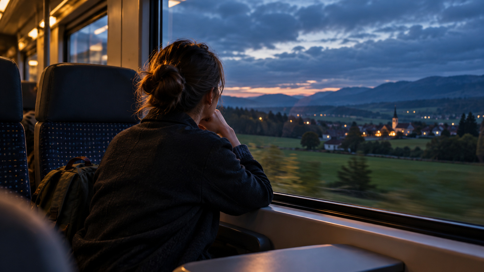 KI-Symbolbild: Eine Reisende blickt im warm beleuchteten Zug durch das Fenster auf eine Schweizer Hügellandschaft im blauen Abendlicht.