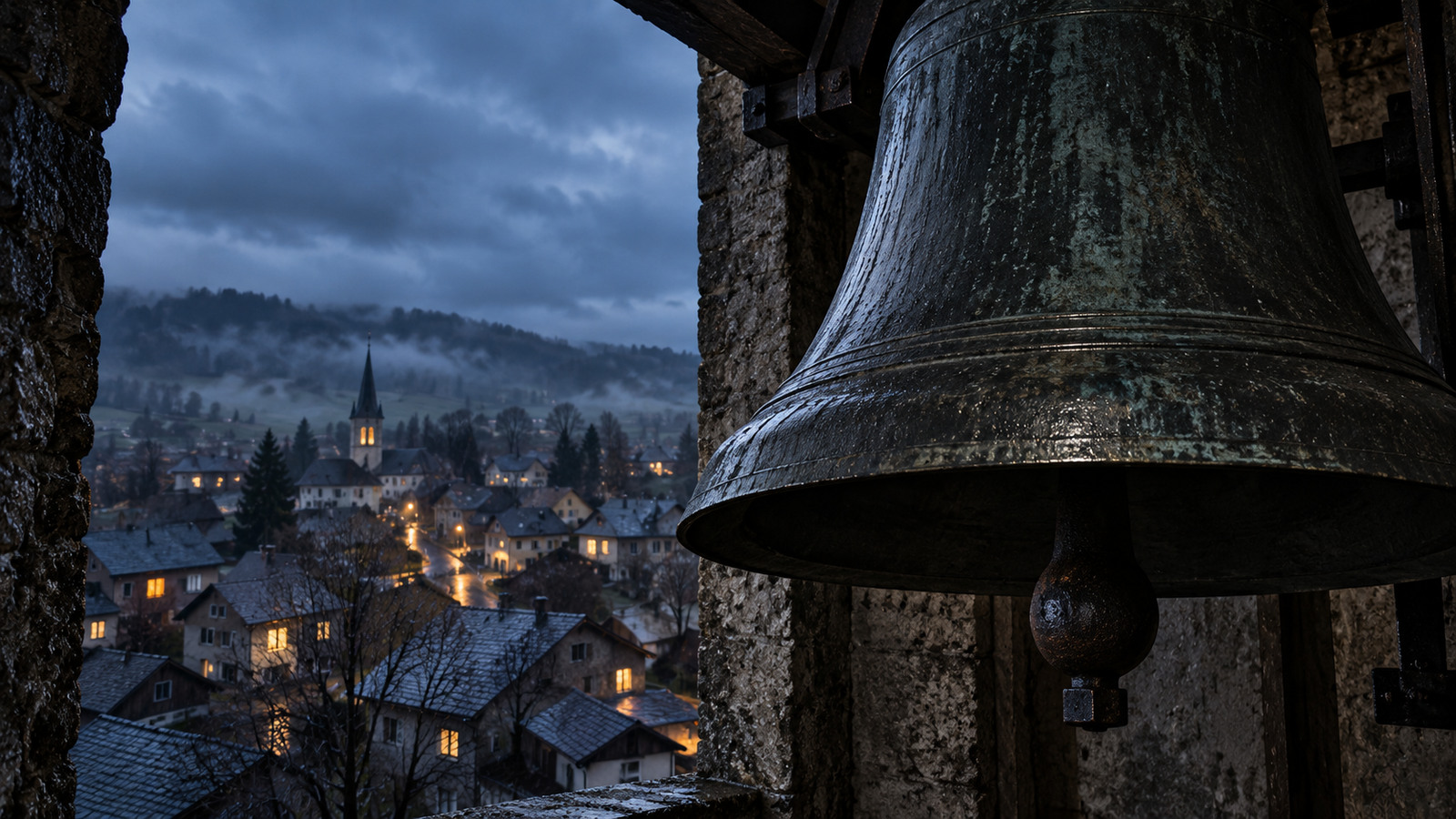 KI-Symbolbild: Eine grosse Bronzeglocke in einem feuchten steinernen Kirchturm über einem Schweizer Dorf im nebligen Novemberabend.