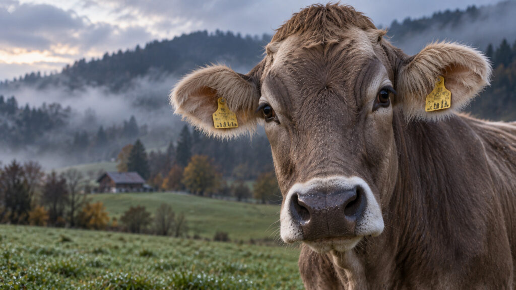 KI-Symbolbild: Eine braune Kuh mit gelben Ohrmarken an beiden Ohren blickt auf einer nebligen Schweizer Weide in die Kamera.
