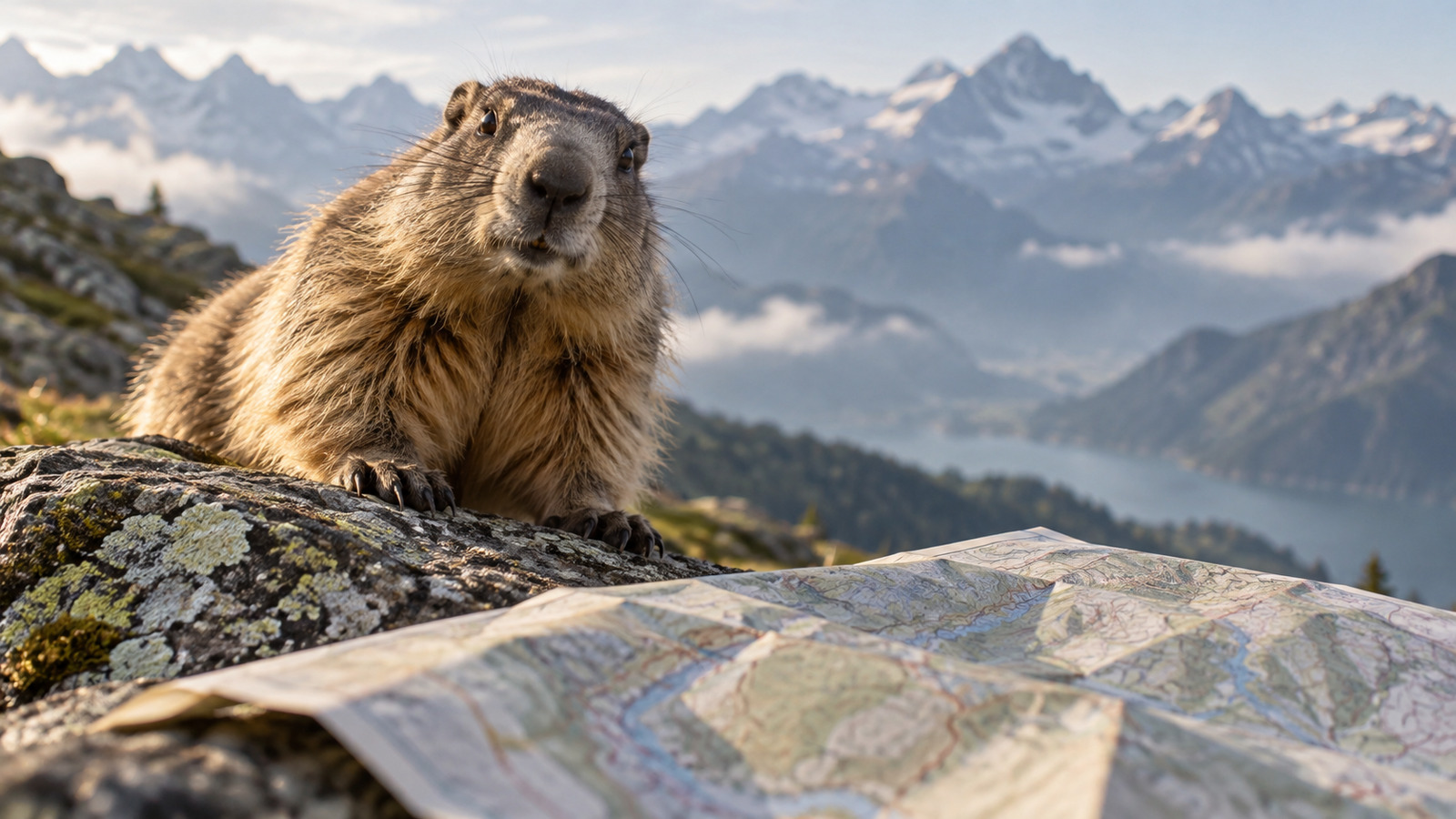 KI-Symbolbild: Ein Murmeltier sitzt auf einem Felsen neben einer aufgefalteten Karte vor einer alpinen Bergkulisse.