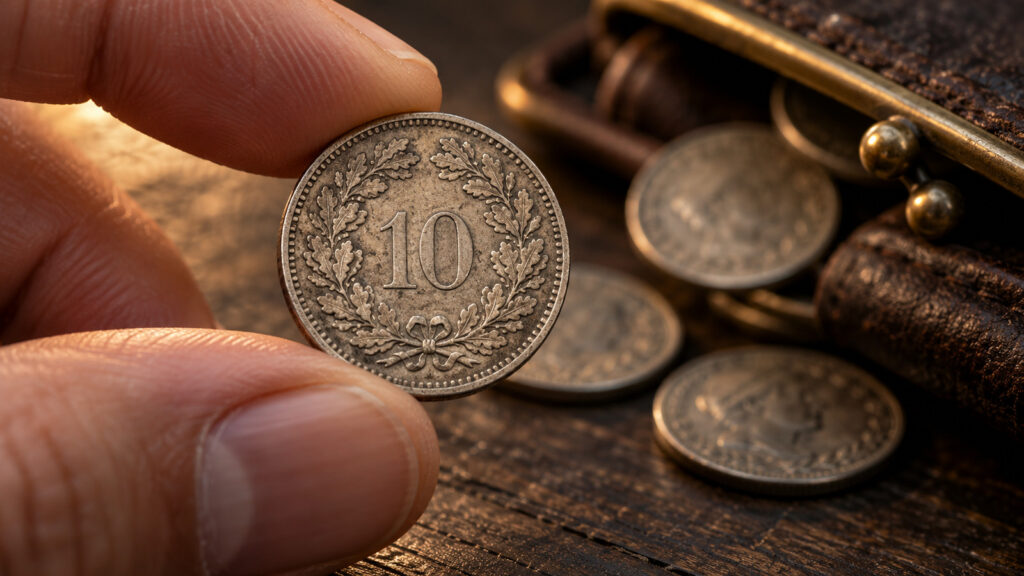 KI-Symbolbild: Eine Hand hält eine silberfarbene Zehnrappenmünze vor einem geöffneten Lederportemonnaie.