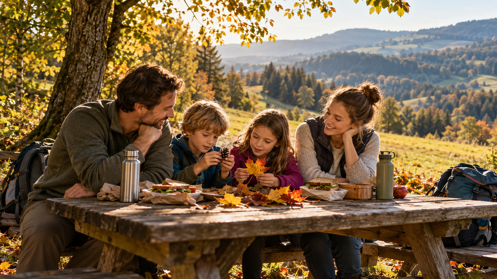 KI-Symbolbild: Eine Familie mit zwei Kindern entdeckt Herbstblätter an einem Picknicktisch am Waldrand vor einer hügeligen Landschaft.