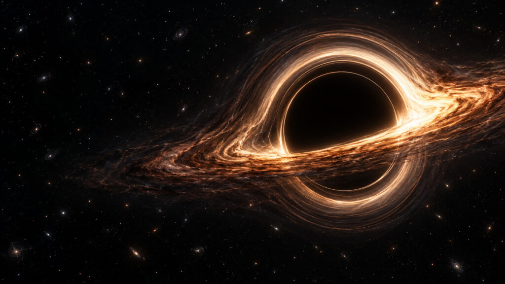 KI-Visualisierung eines schwarzen Lochs mit dunklem Schatten und einer leuchtenden, durch Gravitation verzerrten Akkretionsscheibe.
