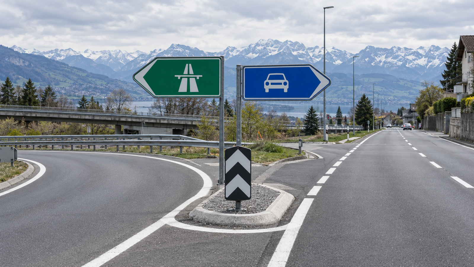 KI-Symbolbild einer Schweizer Strassenverzweigung mit einem grünen Wegweiser zur Autobahn und einem blauen Wegweiser zur Hauptstrasse.