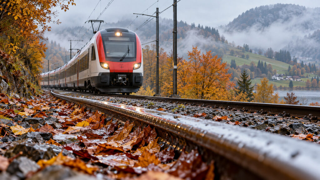 KI-Symbolbild eines Schweizer Regionalzugs auf nassen Schienen mit Herbstlaub im Vordergrund.