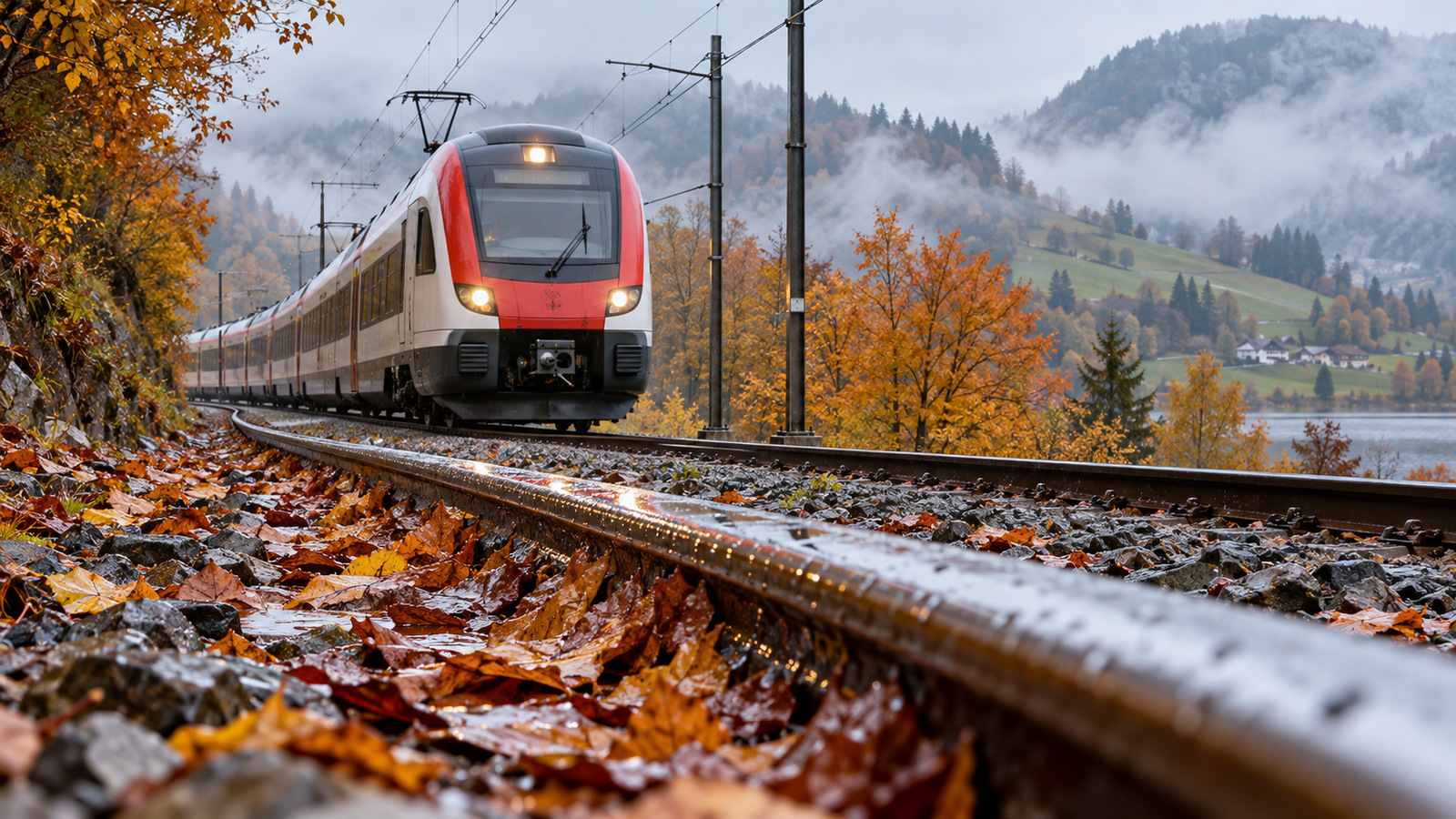 KI-Symbolbild eines Schweizer Regionalzugs auf nassen Schienen mit Herbstlaub im Vordergrund.
