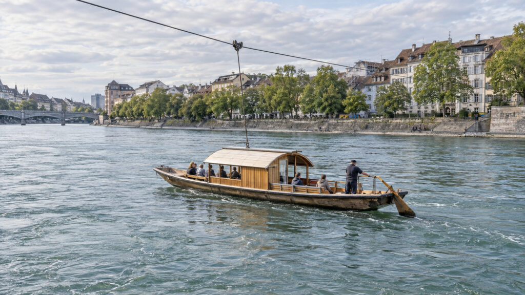 KI-Symbolbild einer traditionellen Basler Fähre, die an einem Drahtseil über den Rhein fährt.